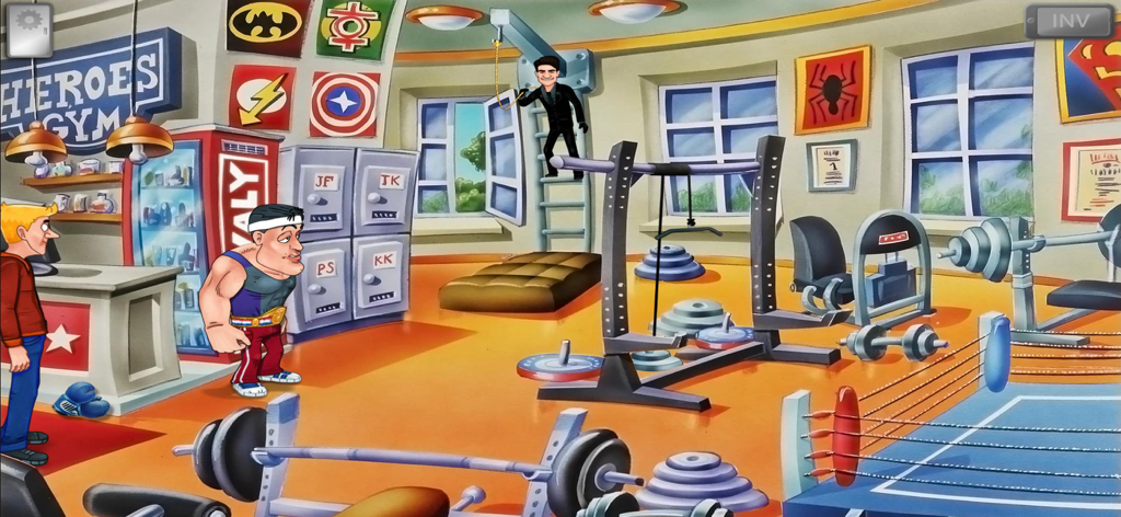 Polda 7 - A hand-drawn 2D scene from the adventure game Polda 7 set in a superhero themed gym with the character Pankrac.