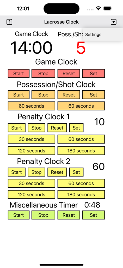 Interface of the Lacrosse Clock app showing a game clock, shot clock, two penalty clocks, and a miscellaneous timer with control buttons.