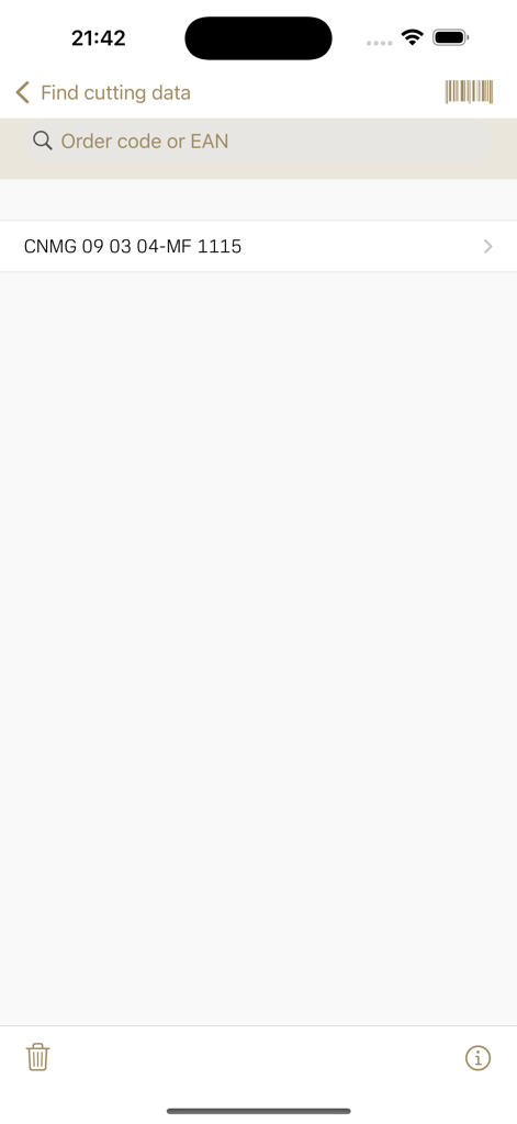 Ifind - Sandvik Coromant - Interfaz de búsqueda para encontrar datos de corte de herramientas en la aplicación Ifind de Sandvik Coromant