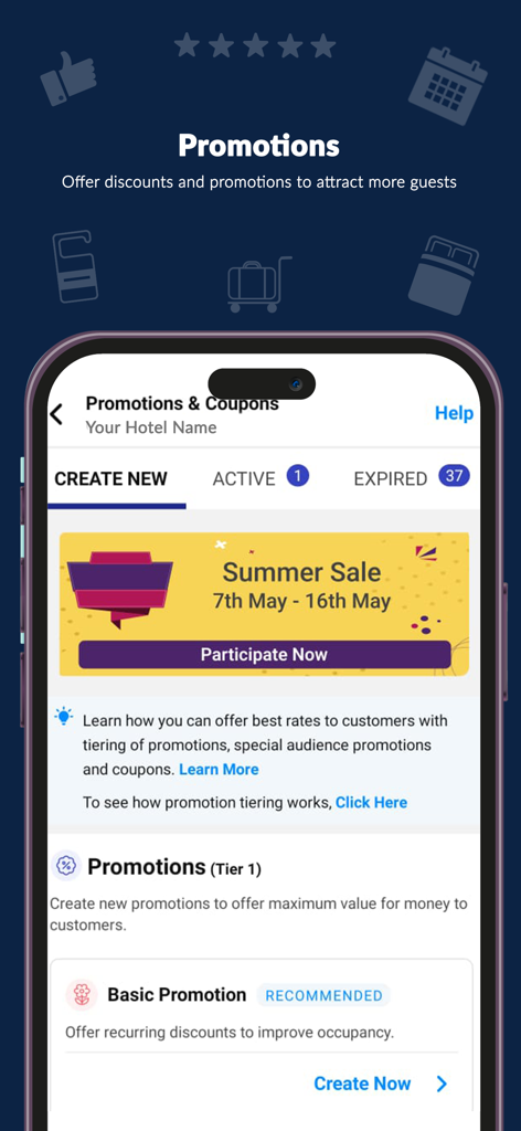 Promotions and coupons dashboard in the Connect by MakeMyTrip partner app for property owners