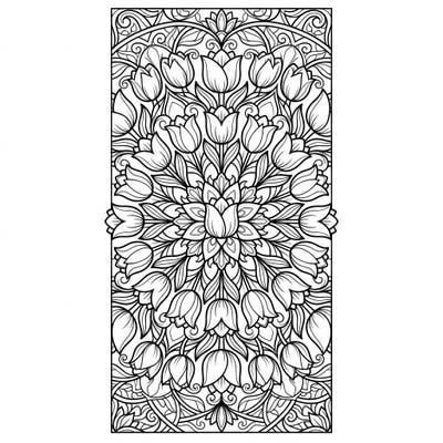 Discover the serene beauty of tulips intertwined in a mesmerizing mandala, perfectly shaped for a printable bookmark. This intricate design offers a delightful coloring challenge and a functional craft.