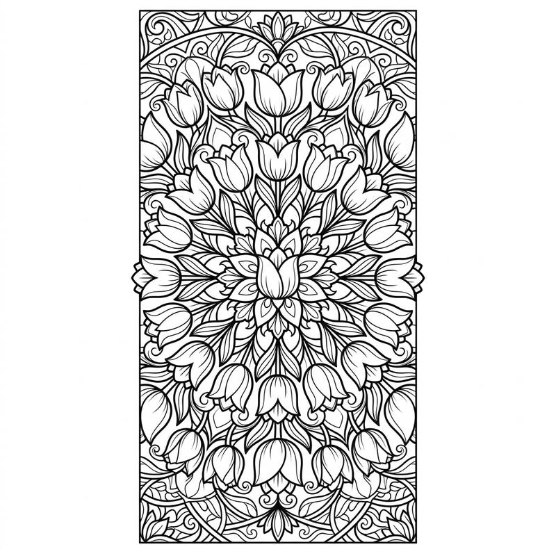 Discover the serene beauty of tulips intertwined in a mesmerizing mandala, perfectly shaped for a printable bookmark. This intricate design offers a delightful coloring challenge and a functional craft.