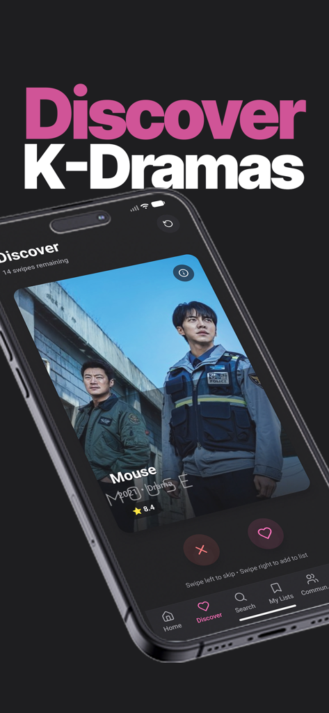 K-Drama Hub - Captura de pantalla de la aplicación K-Drama Hub que muestra la función de descubrimiento con tarjetas deslizables para dramas coreanos.