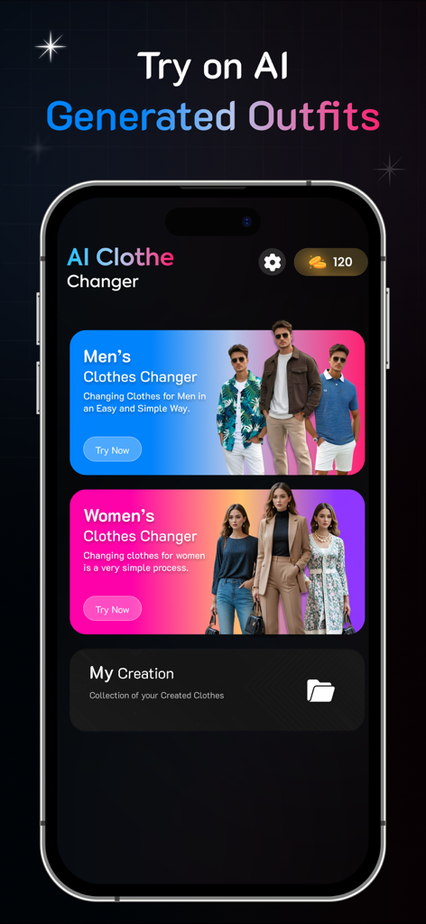 Clothes Changer: Try On Outfit - Pantalla de inicio de la aplicación AI Clothes Changer que muestra categorías de moda masculina y femenina para probarse atuendos.