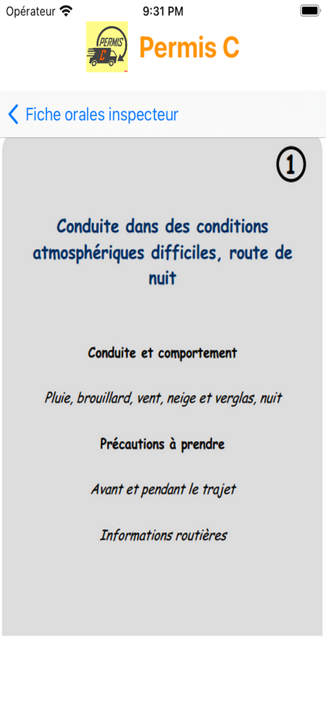 Permis C - Oral exam study sheet for heavy vehicle license regarding driving in difficult weather and at night