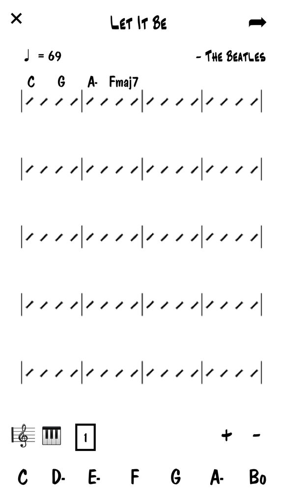 Interface of the Easy Chart app showing a lead sheet for Let It Be with chords and rhythm slashes