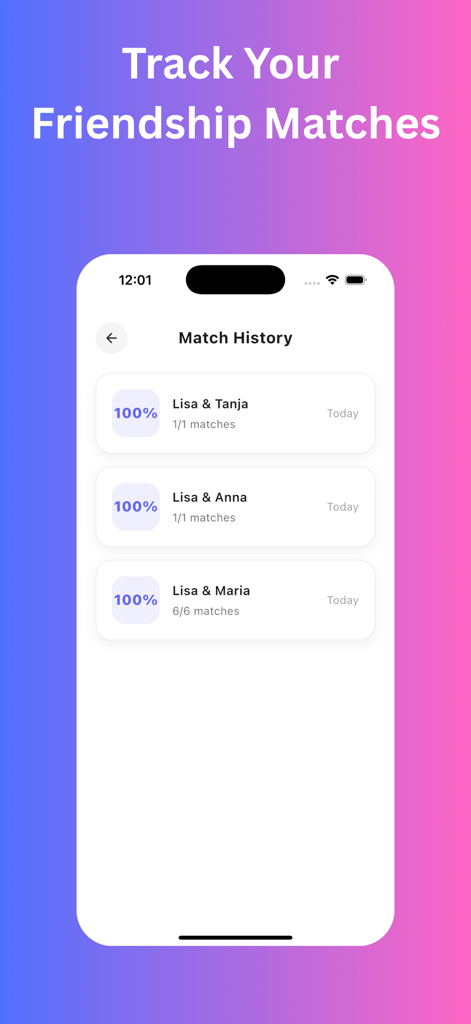 Oberfläche der BFF Test App, die eine Liste von Freundschafts-Match-Punkteständen und Verlauf anzeigt.