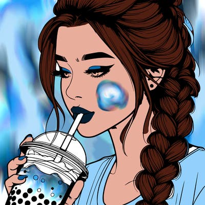 realistic girl drinking boba tea with braided hair