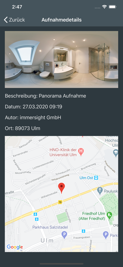 Captura de tela do aplicativo 3D-Scan mostrando um panorama de banheiro de 360 graus com data, autor e localização geográfica em um mapa.