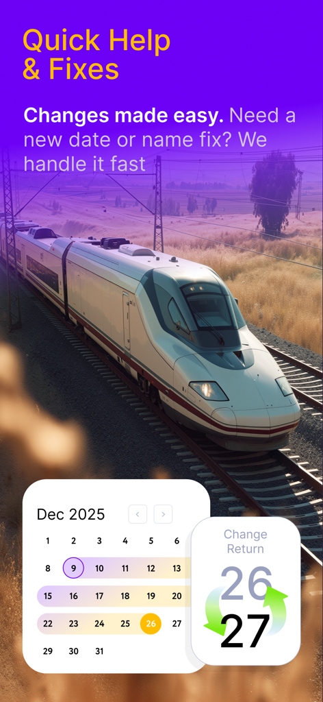 Rail Monsters: Train Tickets - Rail Monsters app screen showing easy train ticket date changes and support
