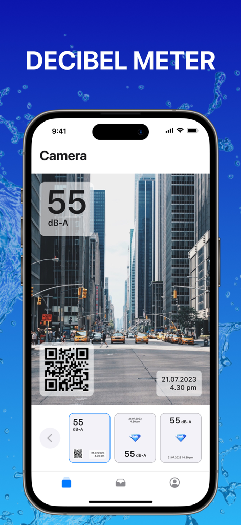 Clear Wave ° Water Eject - Interface of the Clear Wave app decibel meter measuring noise level in a city street