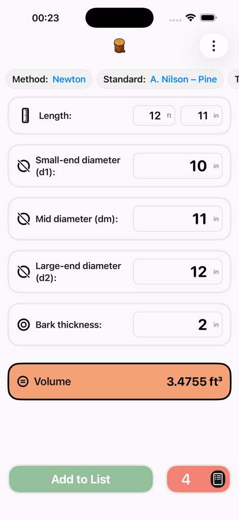 Timber Volume Master - Interface de l'application Timber Volume Master montrant un calcul de volume de bois avec la méthode Newton en utilisant des unités impériales