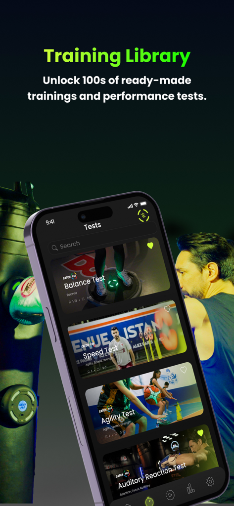 CatchPad - Smartphone displaying the CatchPad Training Library with various performance tests for balance speed and agility