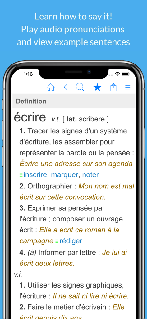 French dictionary app screen showing word definitions and example sentences