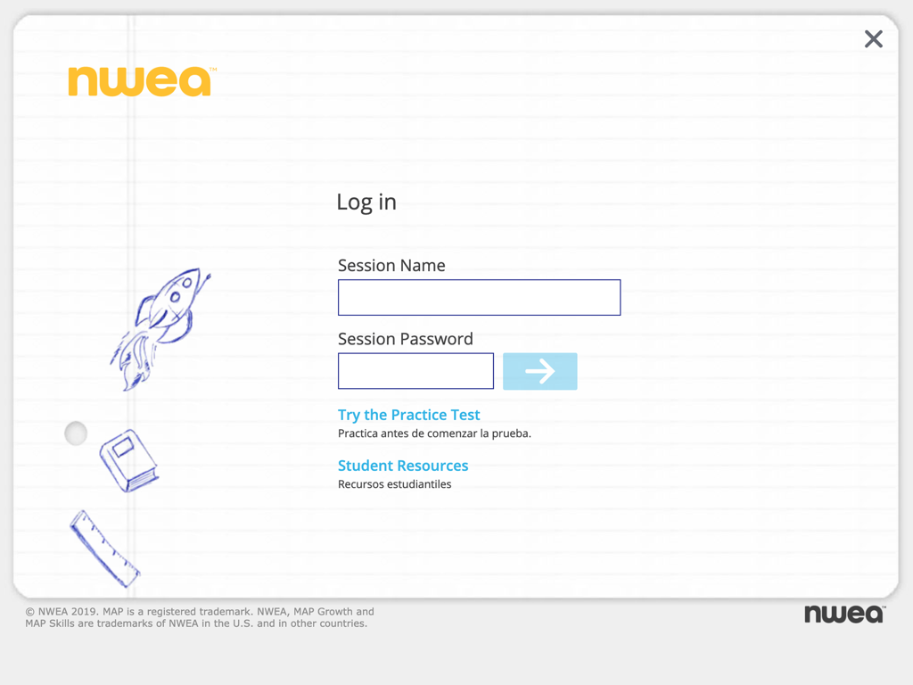 NWEA Secure Testing student login screen with session name and password fields