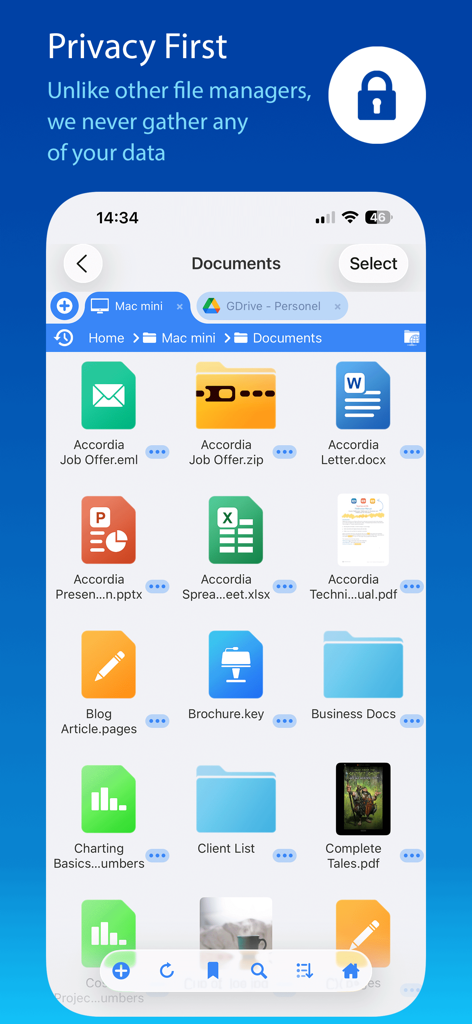 FileBrowser: Documents Manager - Interfaz de la aplicación FileBrowser que muestra varios documentos y un banner de compromiso con la privacidad.