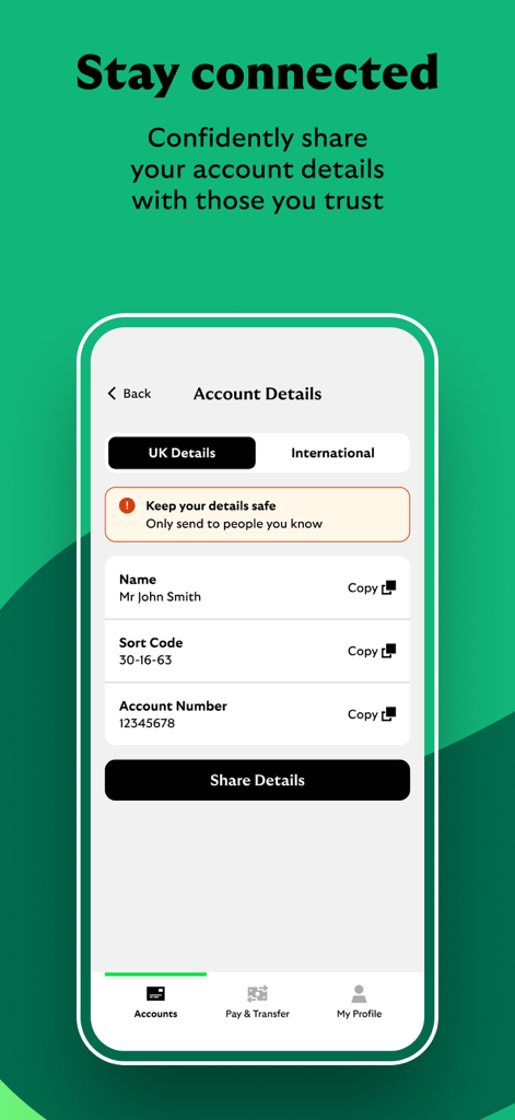 Lloyds Bank International app screen showing UK account details and share option