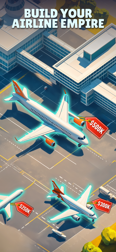 Airline Tycoon: The Game - A top-down view of an airport terminal with various airplanes and price tags in Airline Tycoon game