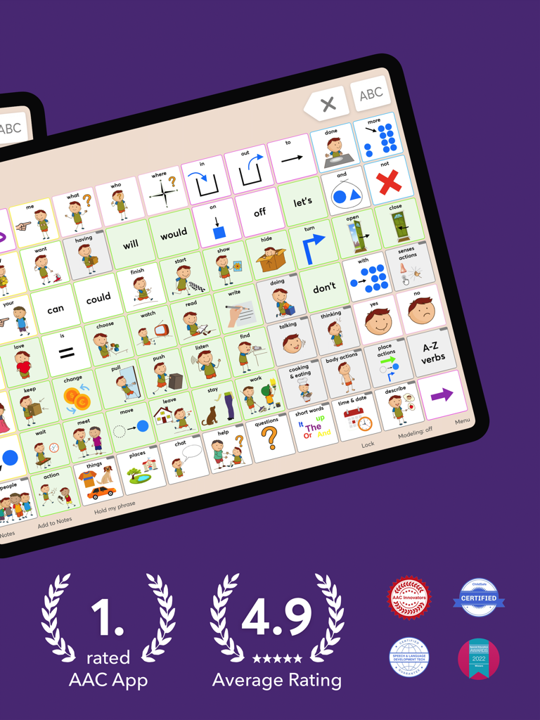 Fluent AAC: Communication App - Fluent AAC app interface showing a grid of icons for speech and communication on a tablet