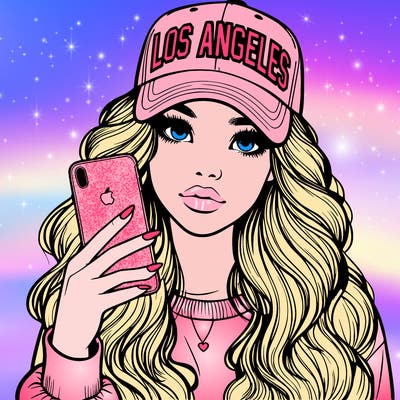 realistic beautiful girl wearing los ángeles cap holding an iphone