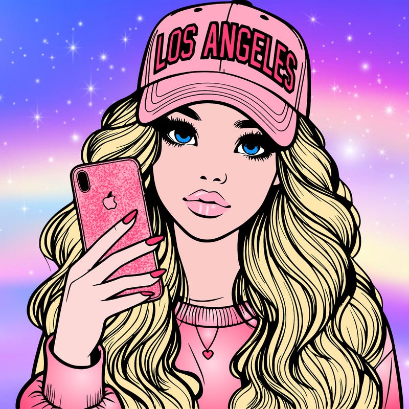 realistic beautiful girl wearing los ángeles cap holding an iphone