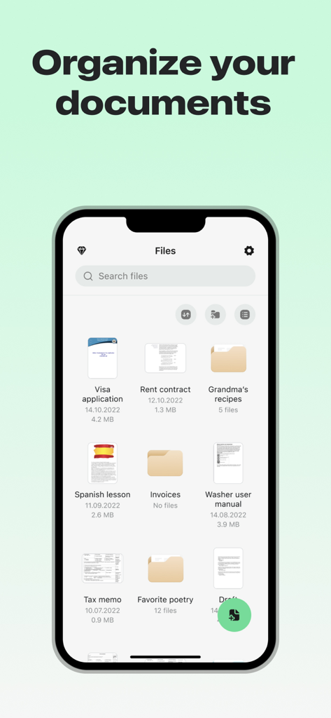 Text Scanner OCR Image to Text - Pantalla de iPhone que muestra una interfaz de gestión de archivos con documentos y carpetas organizadas como solicitudes de visa y contratos de alquiler.