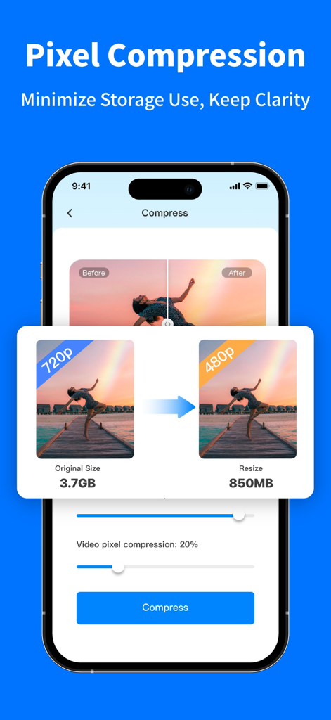 Video Compressor - Compress . - Mobile app interface showing pixel compression from 720p to 480p reducing a 3.7GB video to 850MB while maintaining clarity