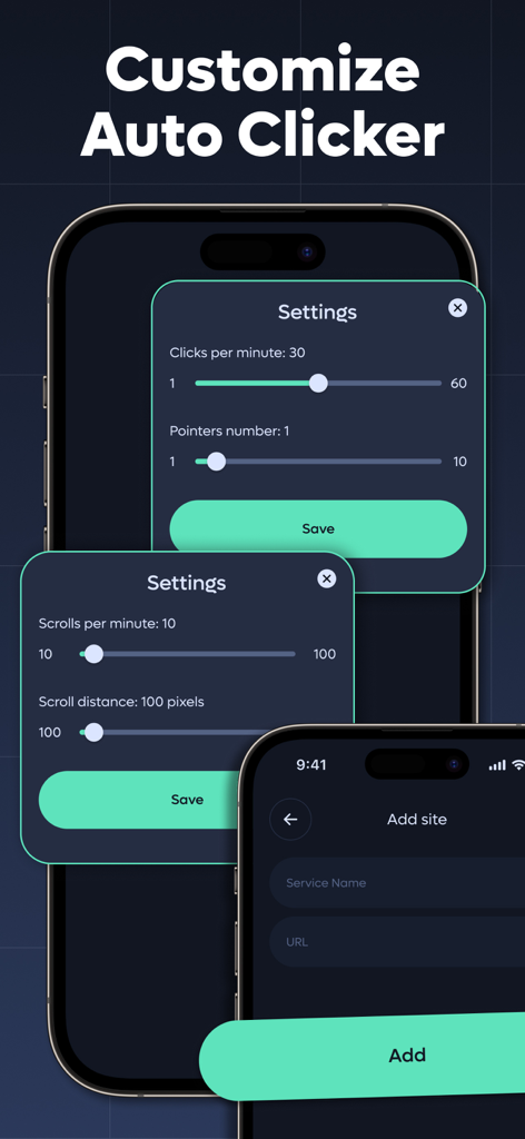 My Auto Clicker, Automatic Tap - Interface de l'application My Auto Clicker montrant les paramètres de personnalisation pour les clics par minute et la vitesse de défilement