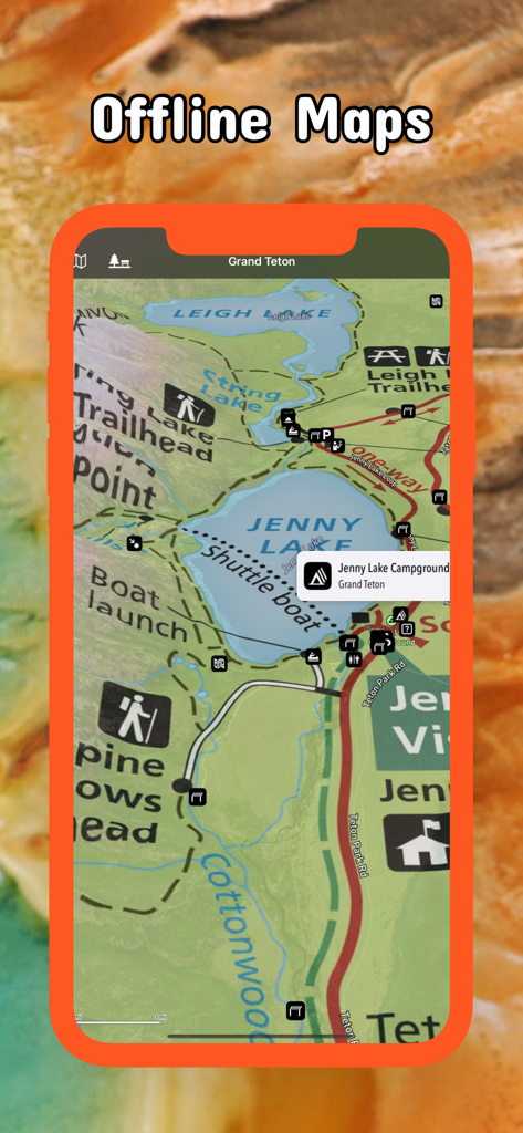 Screenshot of Wyoming Pocket Maps app showing an offline map of Grand Teton National Park.