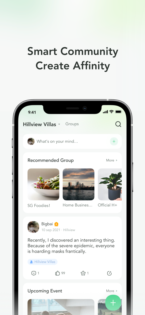 hiLife - 추천 그룹 및 거주자 소셜 게시물이 표시되는 Smart Community 기능을 보여주는 hiLife 앱 인터페이스