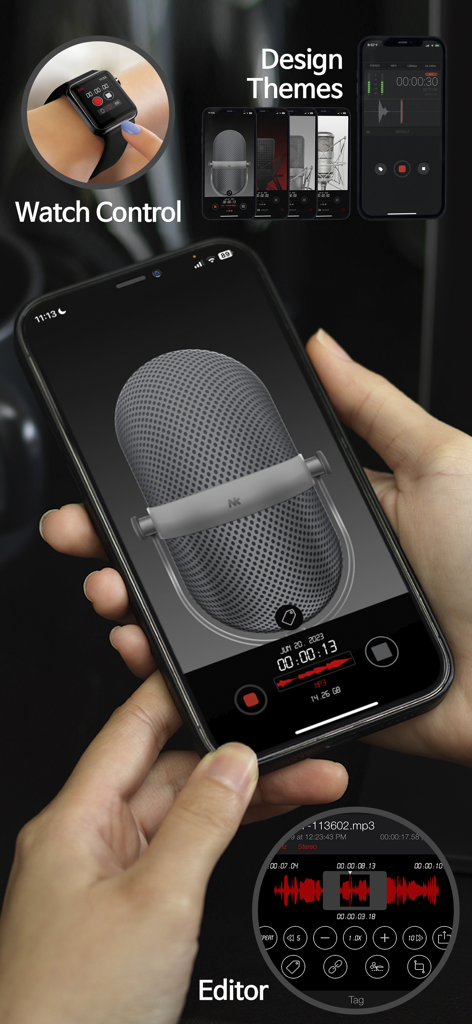 Awesome Voice Recorder PRO app interface on iPhone and Apple Watch showing recording features, design themes, and audio editor.