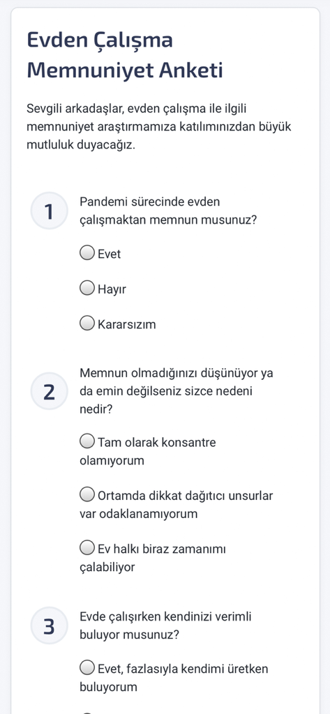 Mobil Akademi v3 - A corporate work-from-home satisfaction survey screen within the Mobil Akademi v3 mobile app featuring multiple choice questions.