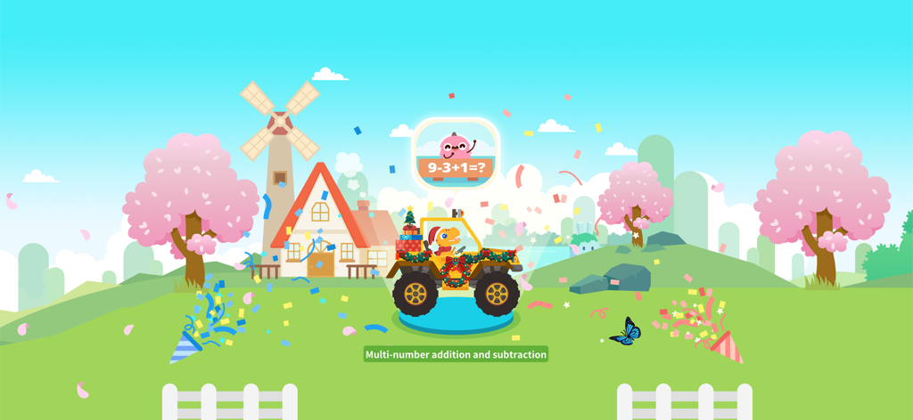 Dinosaur Math Games for kids - A yellow dinosaur in a decorated car solving a multi-number addition and subtraction math problem in a colorful cartoon world.