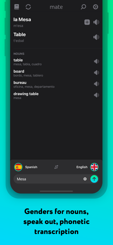 Interface de l'application Traducteur de langues Mate montrant une traduction de l'espagnol vers l'anglais avec les genres des noms et la transcription phonétique
