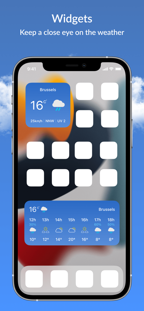 Pantalla de inicio de iOS con widgets meteorológicos KMI-IRM para Bruselas, Bélgica