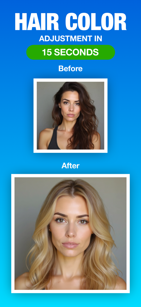 Before and after comparison of a woman changing her hair color from brown to blonde using AI