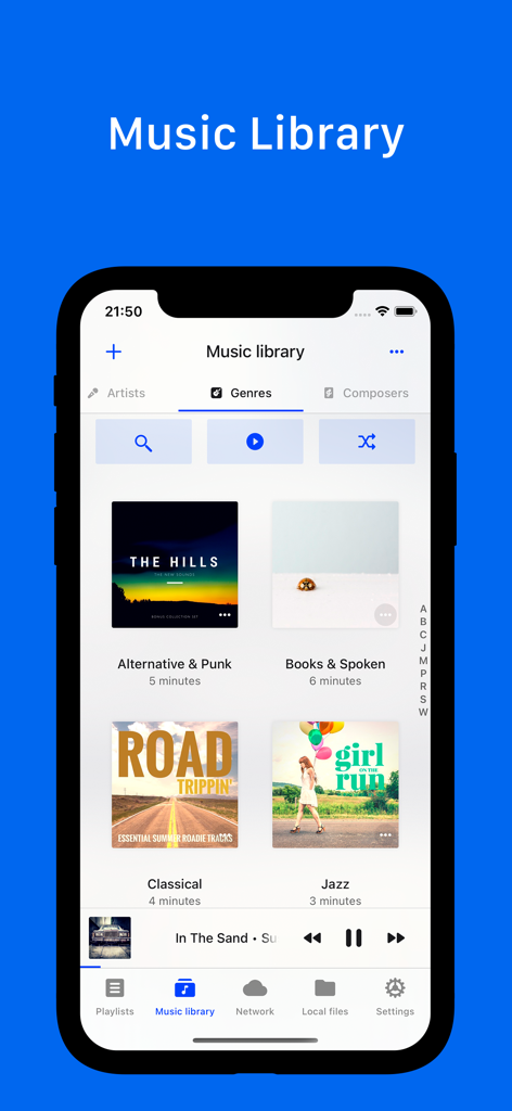 Interfaccia dell'app Musicbox che mostra la libreria musicale organizzata per generi su un iPhone.