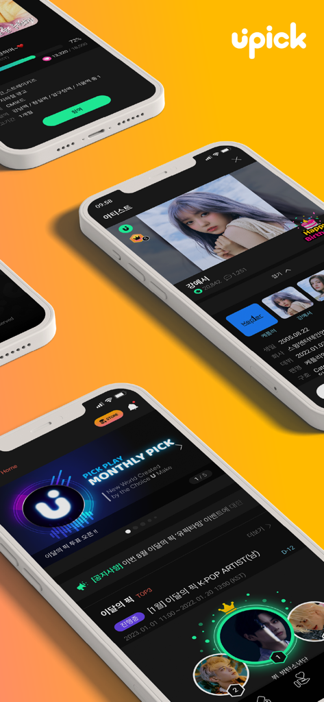 UPICK : Global Fandom Platform - Trois iPhones affichant l'interface de l'application mobile UPICK pour le vote des fans de K-pop et les profils d'artistes sur fond orange