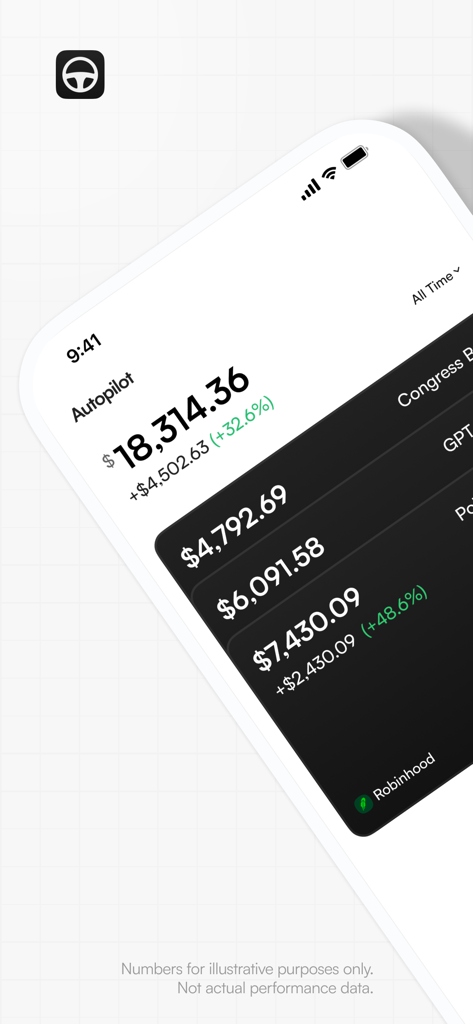 Autopilot app dashboard showing investment portfolio performance and connected Robinhood account