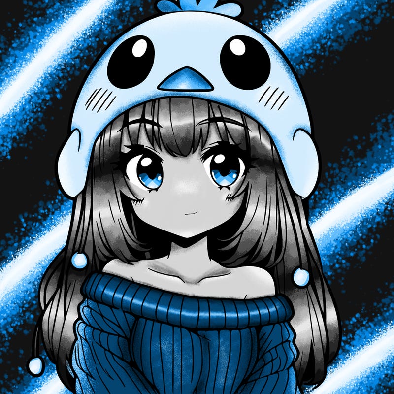 anime girl with chick shaped hat with sweater with bare shoulders with bangs covering them one eye with low tail