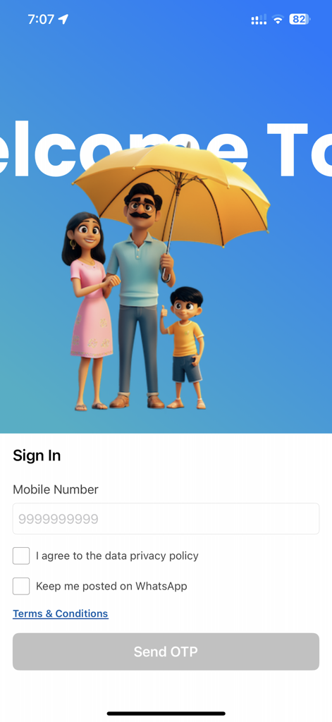 Sign-in screen of Bajaj General insurance app featuring a family under a yellow umbrella.