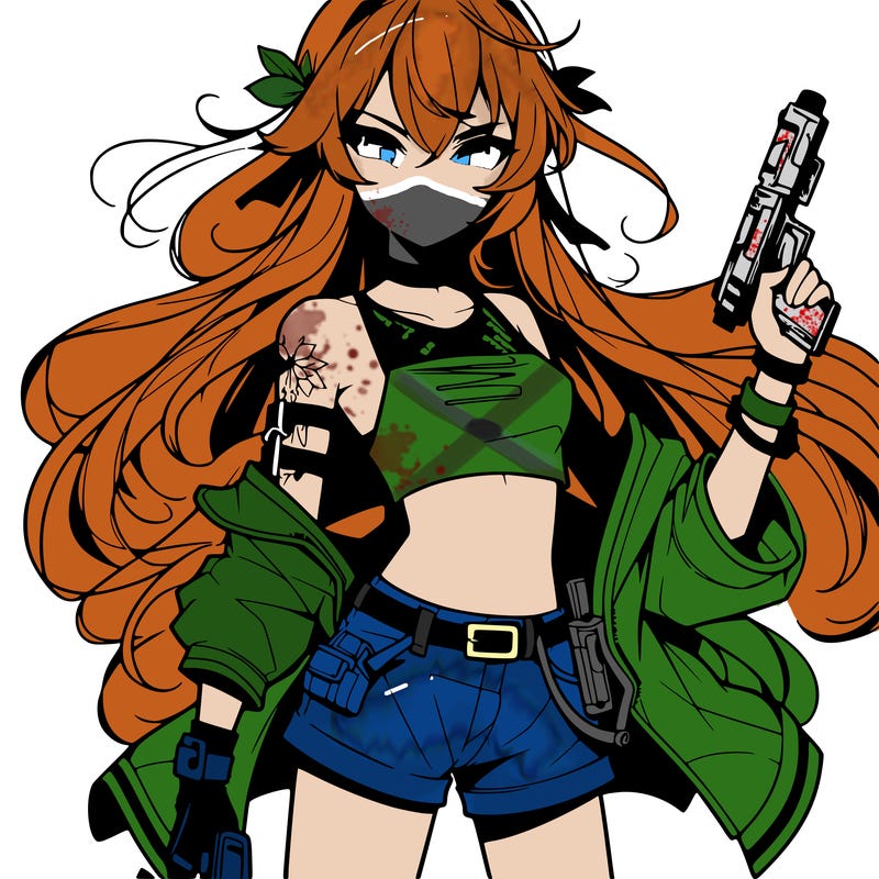 bad girl wearing crop top holding a gun long hair anime