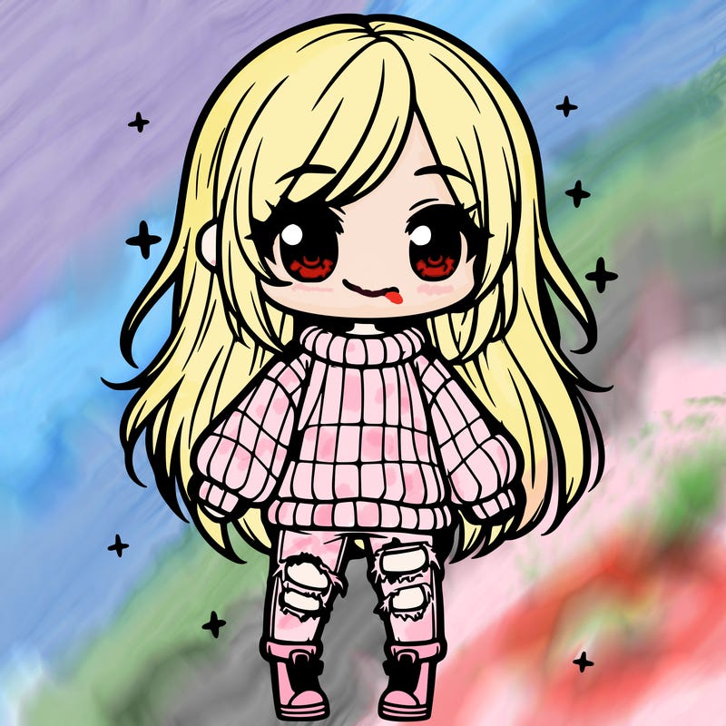 chibi girl with ripped jeans,long hair, and an oversized sweater