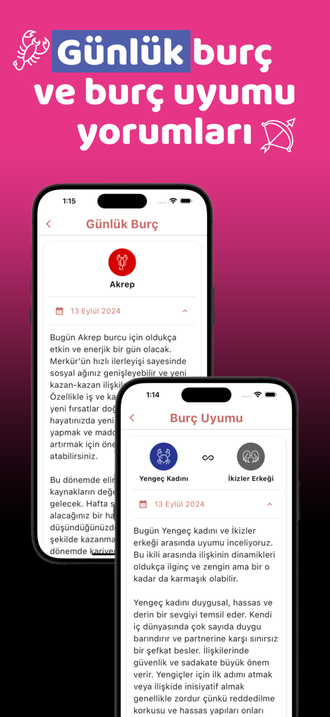 Fal Diyarı - Kahve Falı - Écrans de smartphone affichant l'horoscope quotidien du Scorpion et la compatibilité astrologique entre le Cancer et les Gémeaux dans l'application Fal Diyari