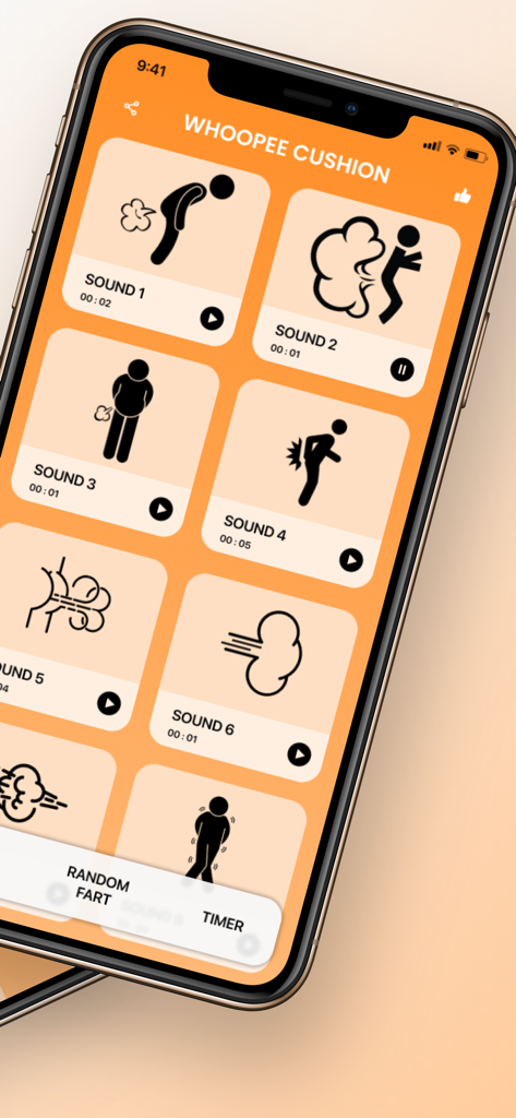 Whoopee Cushion Sound - A mobile app interface for Whoopee Cushion showing a soundboard with different fart sounds and humorous icons.