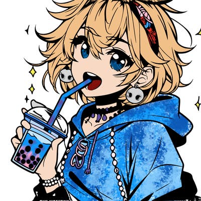 hot baddie anime girl drinking boba and biting the straw