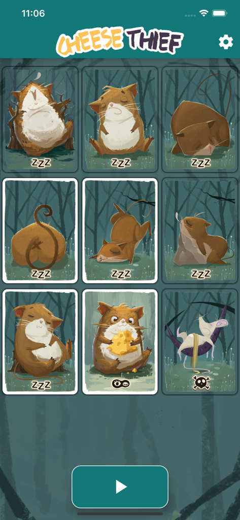 Cheese Thief Moderator - Pantalla de selección de personajes de la aplicación Cheese Thief Moderator con cartas de ratones ilustradas