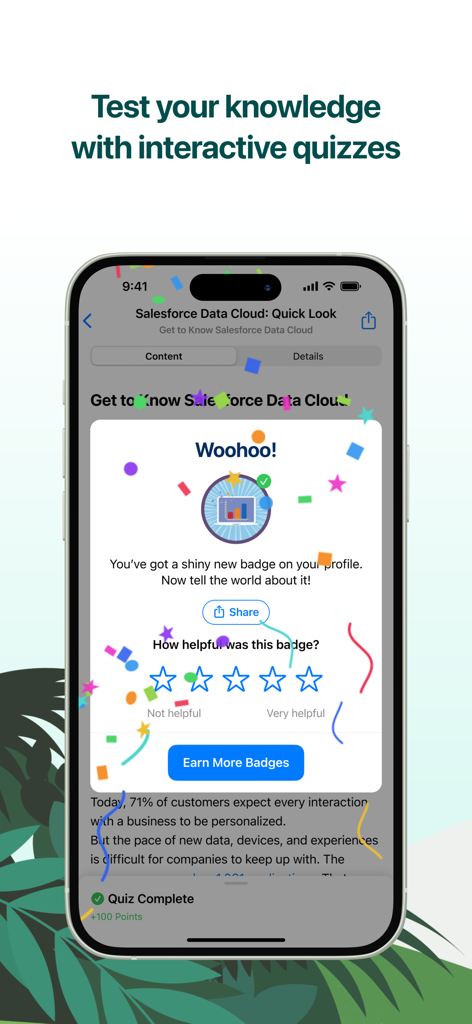 Trailhead GO - Trailhead GO app screen showing a newly earned badge after completing an interactive quiz