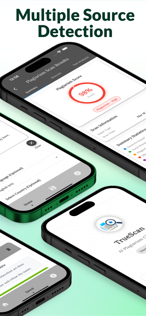 PlagScan : Plagiarism Checker - Mobile interface showing a 98 percent plagiarism score and source detection results