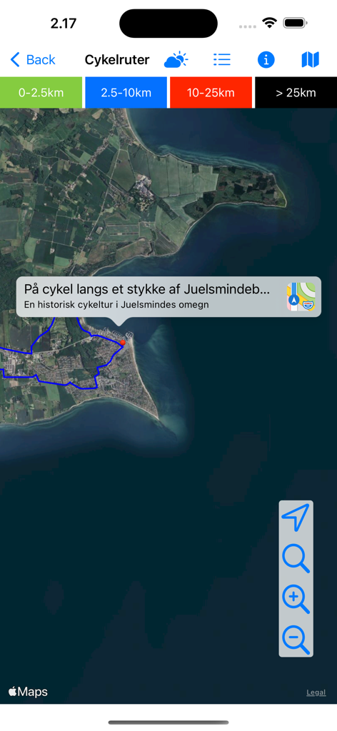 Satellitenkartenansicht einer Küstenradroute in Dänemark mit farblich kodierten Entfernungsfiltern
